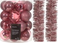 Decoris Kaemingk B.V. Kerstversiering set - oudroze - kerstballen 6 cm en kerstslingers - kunststof