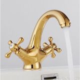 Merkloos Vintage Messing Wastafelkraan Zwart met 2 Gouden Handgrepen