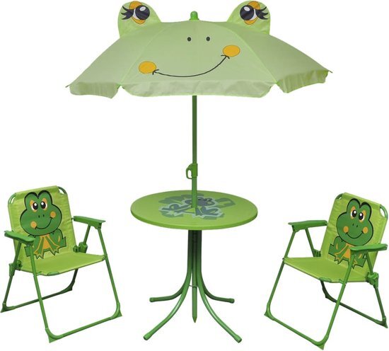 The Living Store Tuinmeubelset Kinderen - Staal - Groen - 1 Tafel - 2 Stoelen - Parasol - Robuust en Inklapbaar