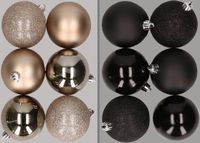 Merkloos / Sans marque Billiet - Vanlaere Kunststof kerstballen - 12x stuks - champagne - zwart - 8 cm - mat glans glitter