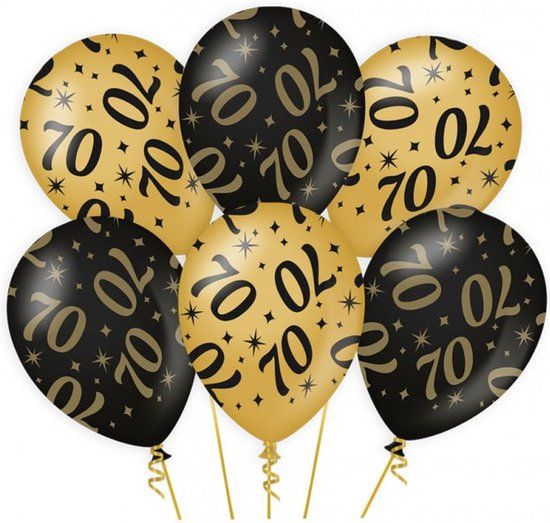Classy Party Balloons - 70th Birthday - Black & Gold - 6 Pieces