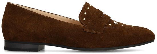Manfield Dames Donkerbruine suède loafers met gouden studs Maat 42