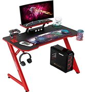 IntimaTe WM Heart Gaming Bureau, 110 cm grote ergonomische gaming computer bureau, koolstofvezel tafelblad E-Sports bureau met verstelbare monitor plank, draaibare oortelefoon, beker, handvat houders (zwart en rood)