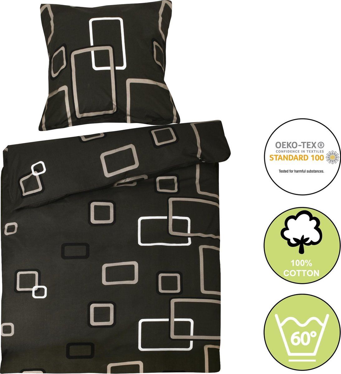 Beautissu dekbedovertrek 1 persoons – Katoen beddengoed zwart met ornamenten – dekbed 135x200 cm & kussensloop 80x80 cm – Noa