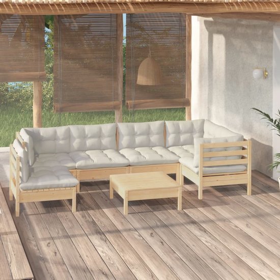 The Living Store Loungeset Massief Grenenhout - Tuinmeubelen - 63.5 x 63.5 cm - Cr&#232;me