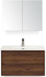 BES LED Dante Badmeubelset 80 cm - Walnoot - Keramische Wastafel Wit Cover met Spiegelkast