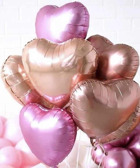 8 grote hartvormige folie ballonnen rosé goud en roze - 8 stuks - Valentijn