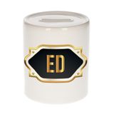 Bellatio Decorations Ed Spaarpot - wit - met goud/zwart embleem - 8 x 9 cm - keramiek - met afsluitdop - cadeau verjaardag