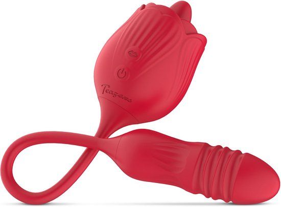 Teazers Roos Vibrator met Stotende Dildo - Rood - Oplaadbaar - 20 standen - USB
