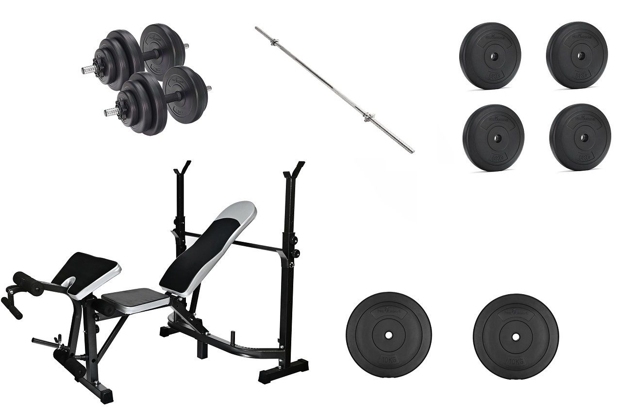 Viking Choice Fitness halterbank combinatie set - 60 kg schijven - 165 cm brede halterstang + 2 dumbbells