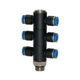 Riegler T-meervoudige verdeler »Blaue serie«, 6-voudig, draaibaar, G 1/4 a., voor slot buiten-Ø 6 mm, werkdr. Maximale 15 bar, kunststof/MS vern.