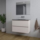 Saniclass Chaci Badkamermeubelset - 80x46x55cm - keramische wastafel zwart - 1 wasbak - zonder kraangat - 2 lades - rechthoekige spiegel - mat cotton (beige)