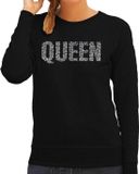 Bellatio Decorations Glitter Queen sweater zwart met steentjes/ rhinestones voor dames - Glitter kleding/ foute party outfit M