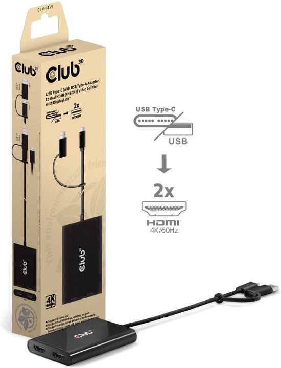 Club3D CSV-1475 USB Type-C naar 2x HDMI Video Splitter - Zwart