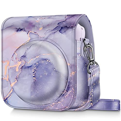Fintie Fujifilm Mini 12 instant camerahoes, premium PU-lederen beschermhoes met afneembare verstelbare riem, Z-marmer lila, Harde beschermhoes