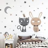 Muursticker kat haas vogels maanlicht H55 x 40 cm