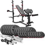 Hop-Sport Halterbank Krachtstation HS-1065 - Verstelbare Fitnessbank met Curlpult, Lange Halterstang, Curlstang en Korte Halters, Inclusief 135 kg Halterset