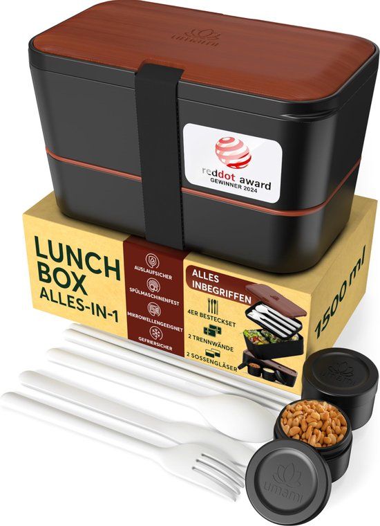 Umami All-in-1 1,5L Bento Lunchbox voor Volwassenen met Bestek (Zwart Sapele)