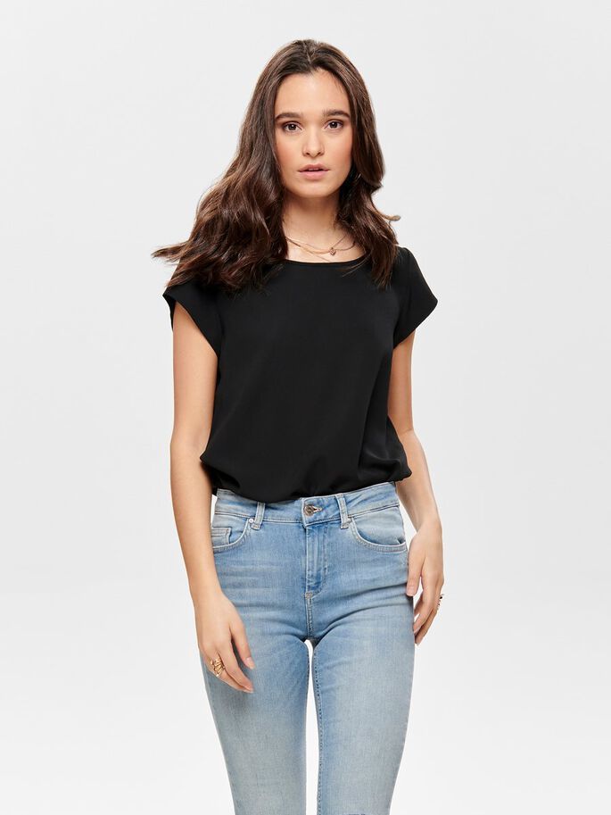 ONLY ONLVIC Top - Zwart - Maat 34 - Korte Mouw - Losse Pasvorm - Dames