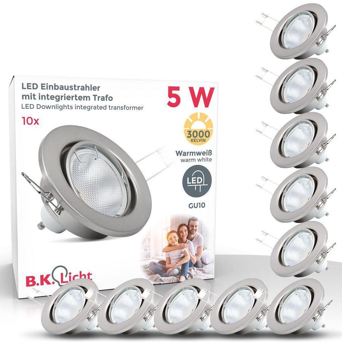 B.K.Licht - Inbouwspots - LED - 10 stuks - voor binnen - met GU10 - kantelbaar - spotjes inbouw - Ø8.6cm - IP23 - 3.000K - 400Lm - 5W - nikkel