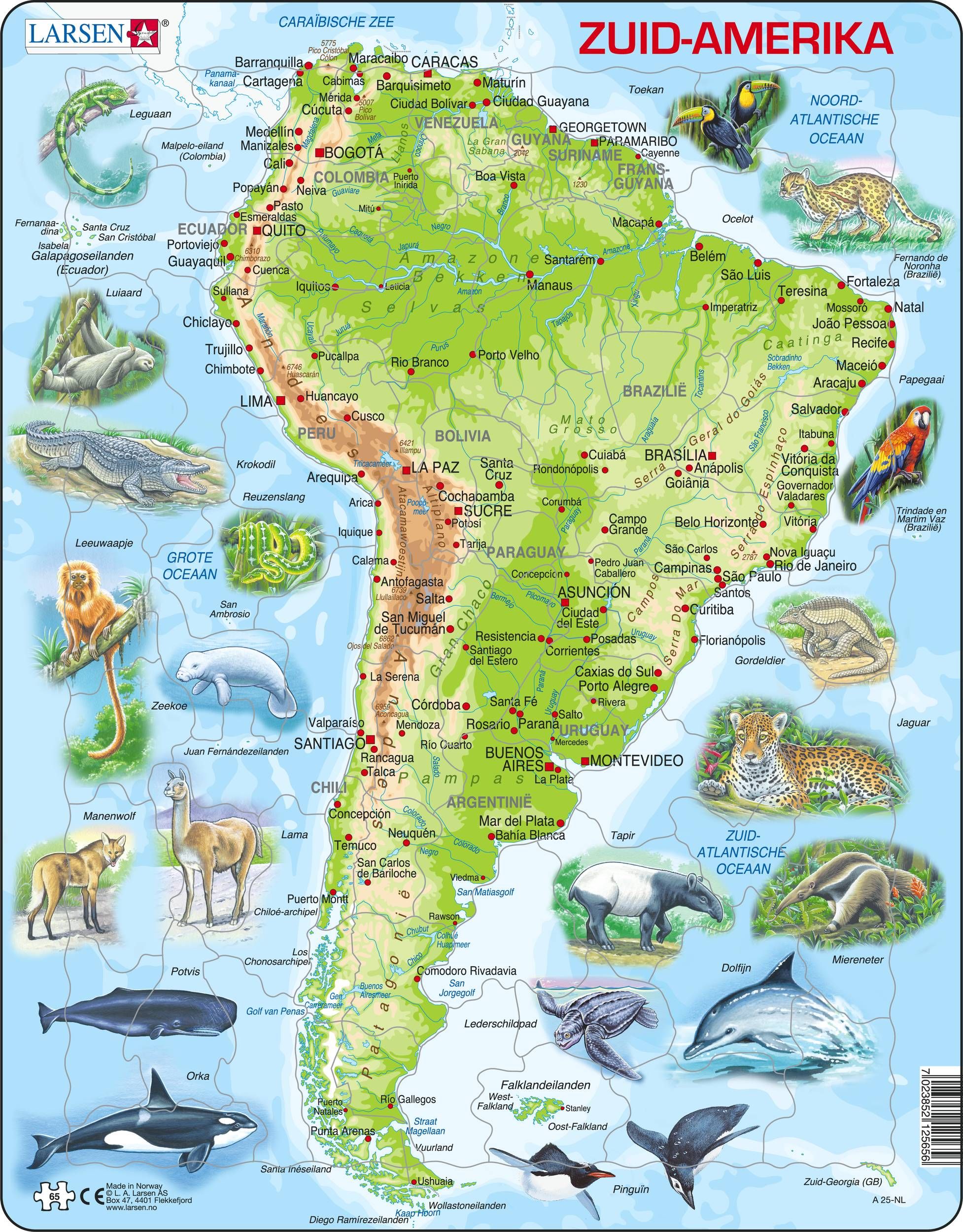 Larsen Maxi Kaart Zuid Amerika Geografisch met Dieren 65 stukjes - Puzzel