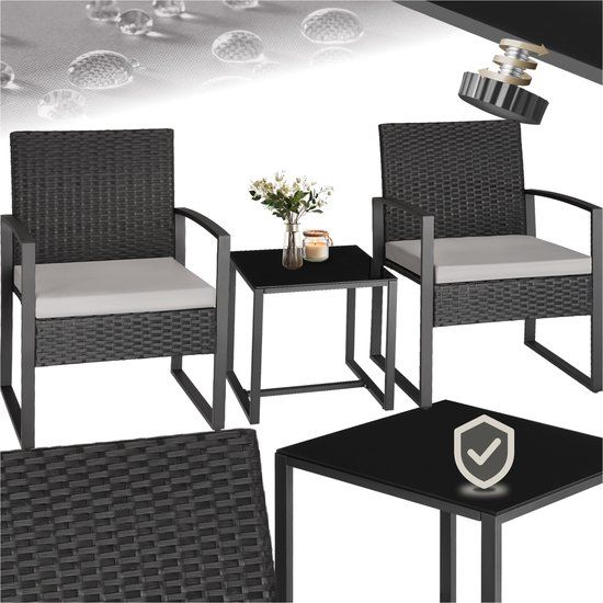 tectake - Wicker Zitgroep - 2 Fauteuils met Tafel - Zwart Poly-rattan