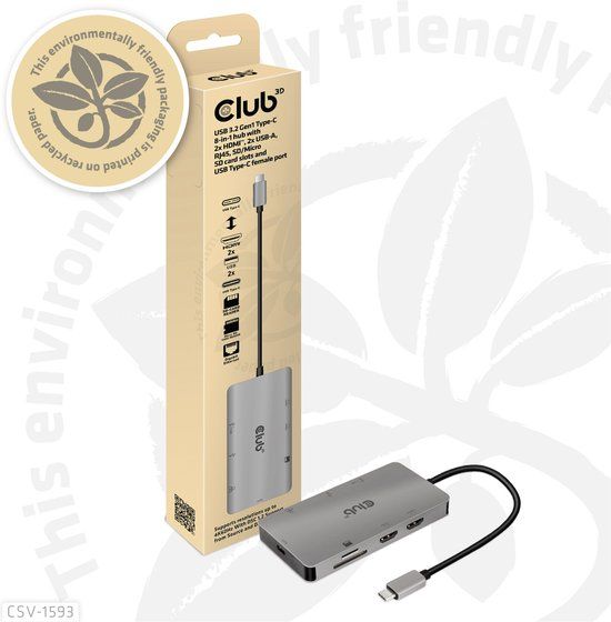 CLUB3D USB-C 8-in-1 Hub - 2x HDMI, 2x USB-A, RJ45, SD/Micro SD, USB-C - Metallic