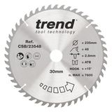 Trend Cirkelzaagblad Wood, diameter 235 mm, boring 30 mm, 48 tanden, zaaglijn 2,8 mm, haak +15°, TCT, fijne afwerking, CSB/23548