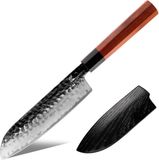 KAAMUT® Santokumes 19 cm 3 Lagen Damascusstaal – Kern van AUS-10 Japans Staal – Vlijmscherp – Professioneel Koksmes – Zwarte Finish – Massief Houten Handvat – Inclusief Houten Schede