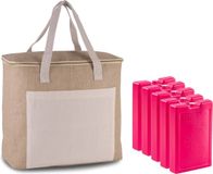 Kimood Grote strand koeltas jute/canvas 20 liter en 38 x 32 x 16 cm met 5x stuks 1000 grams koelelementen roze