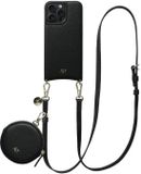 AVY Leren Hoesje geschikt voor Apple iPhone 14 Pro Max | Met Koord en Mini Telefoontasje | Compatibel met MagSafe | Leather Case met 130CM Koord & Pouch | Long Leather | Zwart