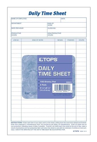 TOPS Daily Employee Time and Work Sheet - 15.2 x 22.9 cm - 2 Pads/Pack