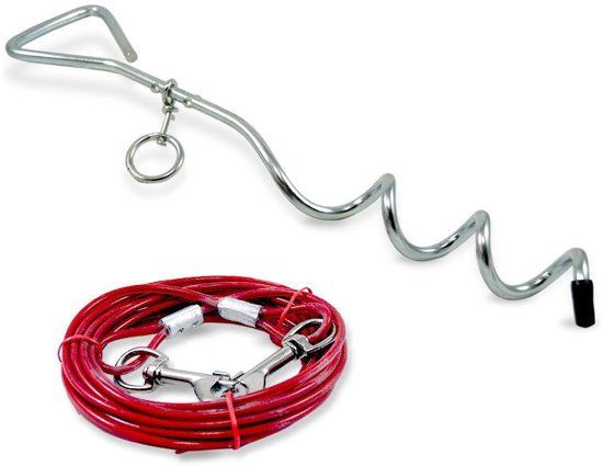 skyshops Hondenlijn inclusief Grondpen - 4 Meter - Rood/Zilver