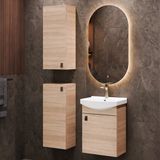 Planetmöbel Badkamermeubel Set 45 cm – Sonoma Eiken – Keramische Wastafel met LED Spiegel en 2 Midikasten – Dimbaar – Soft-Close