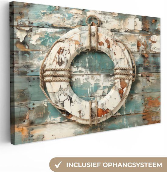 OneMillionCanvasses Canvas Schilderij - Reddingsboei - Maritiem - Vintage - 140x90 cm