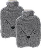 Home & Styling Warmwaterkruik - 2x - 2L - grijs - kruik met hoes - vos - dierenkruik