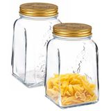 Pasabahce Voorraadpot/bewaarpot Square - 2x - glas - 1L - transparant/goud - 10 x 17 cm - luchtdicht