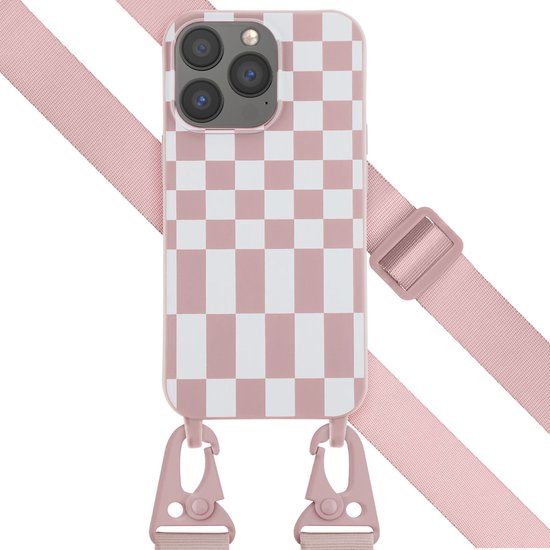 Selencia Hoesje Met Koord iPhone 13 Pro - Siliconen Back Cover - Roze / Irregular Check Sand Pink