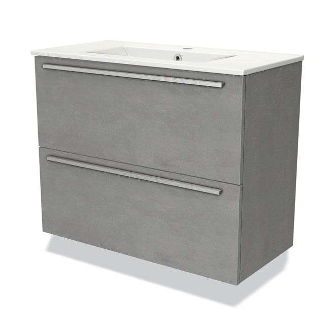 Maxaro Badkamermeubel 80cm Modulo Slim Lichtgrijs Beton 2 Lades Vlak Wastafel Keramiek