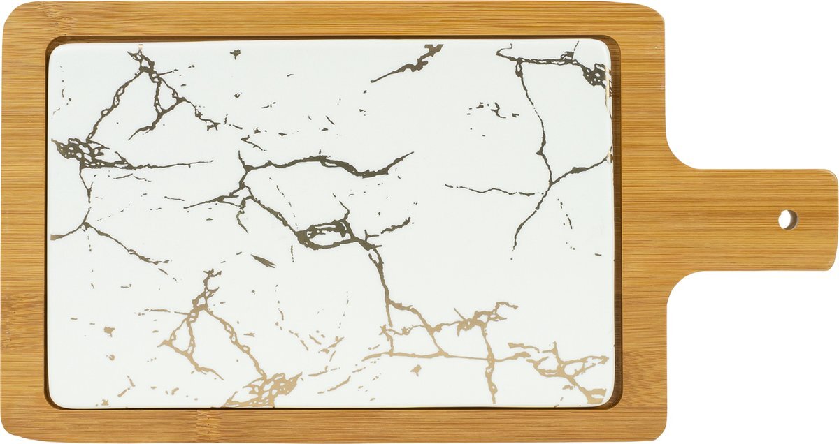 KRUMBLE Borrelplank - Serveerplank - Serveerplank hout - Tapasplank - Kaasplank - Plank - Snijplank - Broodplank - Bereidingsplank - Hout - Marmerlook - Vaatwasserbestendig - 17,5 cm x 33 cm x 1,5 cm (lxbxh) - Wit met bruin en goud