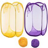 Qtopun Mesh Popup Wasmand, Opvouwbare 2 Pack Draagbare Vuile Kleding Mand voor Slaapzaal en Reizen (Geel + Paars)