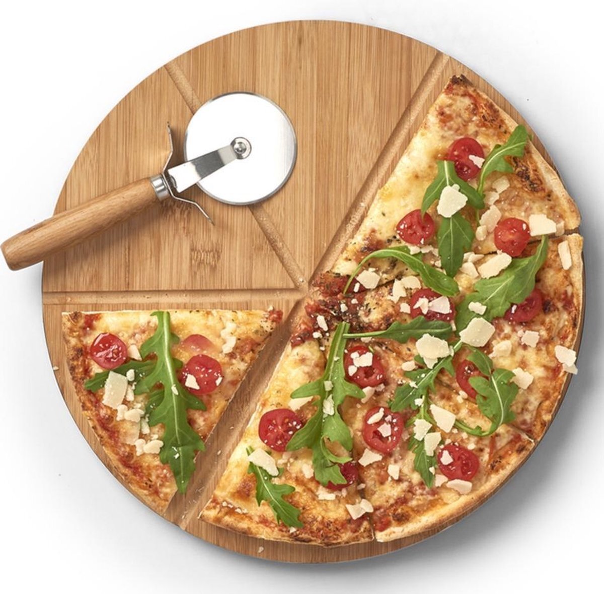 ZELLER 2x Houten pizza snijplanken/borden met pizzasnijder 32 cm - - Keukenbenodigdheden - Kookbenodigdheden - Pizzaborden - Pizzasnijplanken - Snijplanken voor pizza