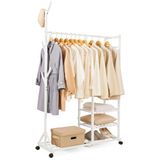 Yorbay 4-in-1 Kledingrek van Bamboe met Kapstok aan de Zijkant, Boomdesign met Haken, Opbergplanken met Wielen, Vrijstaande Kapstok, Kledingkast met Kledingroedes Schoenenrek, Wit