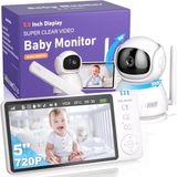BURNNOVE Babyfoon met Camera 5 Inch Monitor 720P 4x Zoom Nachtzicht Temperatuurdetectie VOX Voedingsherinnering Slaapliedjes Pan-Tilt-Zoom Spraakfunctie 2.4GHz FHSS Geen WiFi Nodig