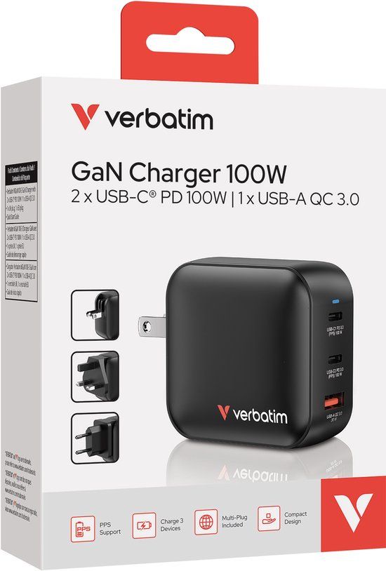 Verbatim Mini Gan 100W Wandlader 2Xusb-C Pd 1X Usb-A Qc