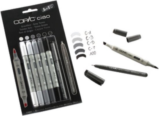 COPIC ciao Marker Hobby ciao 5 markers + 1 fineliner - set - grijstinten