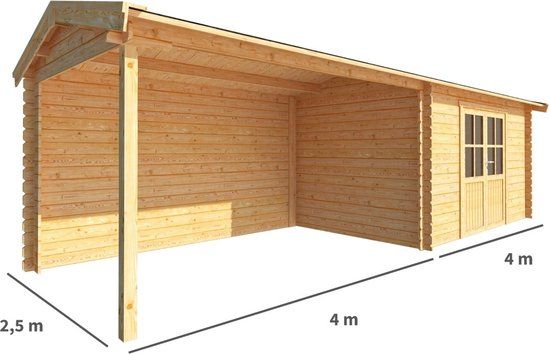 Merkloos Blokhut met overkapping Fenna 800 cm bij 250 cm diep Zadeldak bruin