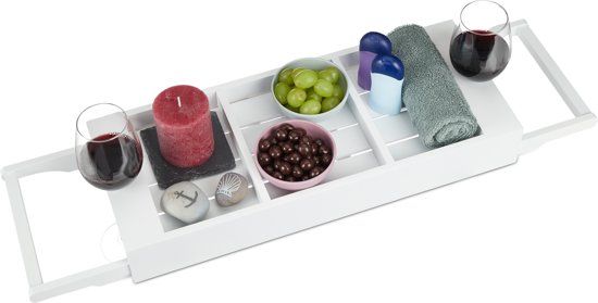 Relaxdays Badplank Uitschuifbaar - Bamboe Badkuiprekje - Wit - Badrekje Hout - Wijnhouder