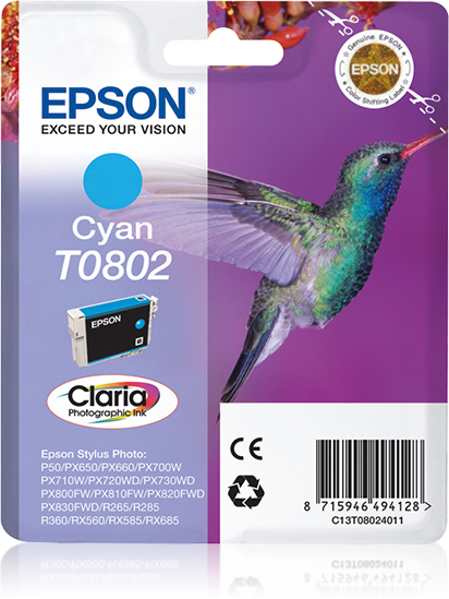 Epson Hummingbird Singlepack Cyan T0802 Claria Photographic Ink single pack / cyaan