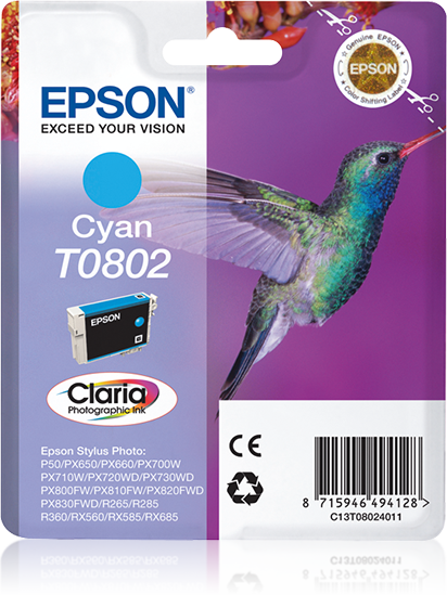 Epson Hummingbird Singlepack Cyan T0802 Claria Photographic Ink | C13T08024021